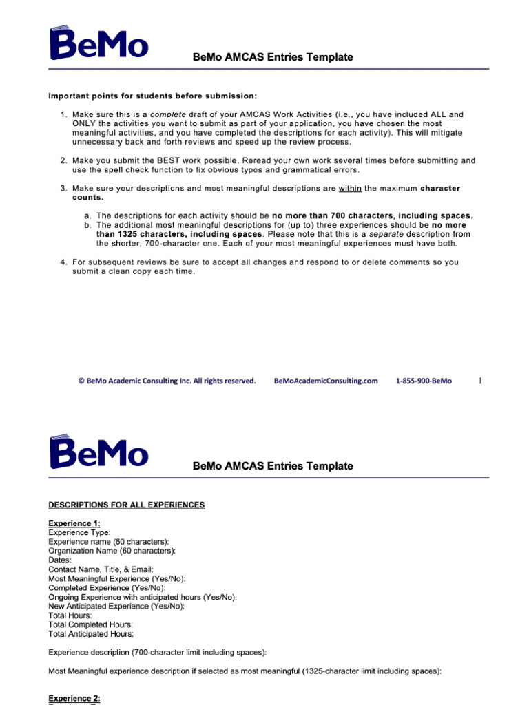 BeMo AMCAS Entries Template | PDF