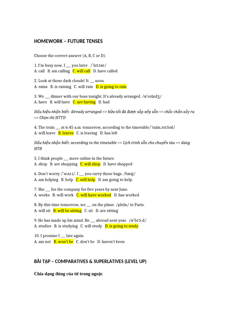 Future Tenses & Comparative - Homework (Student) | PDF