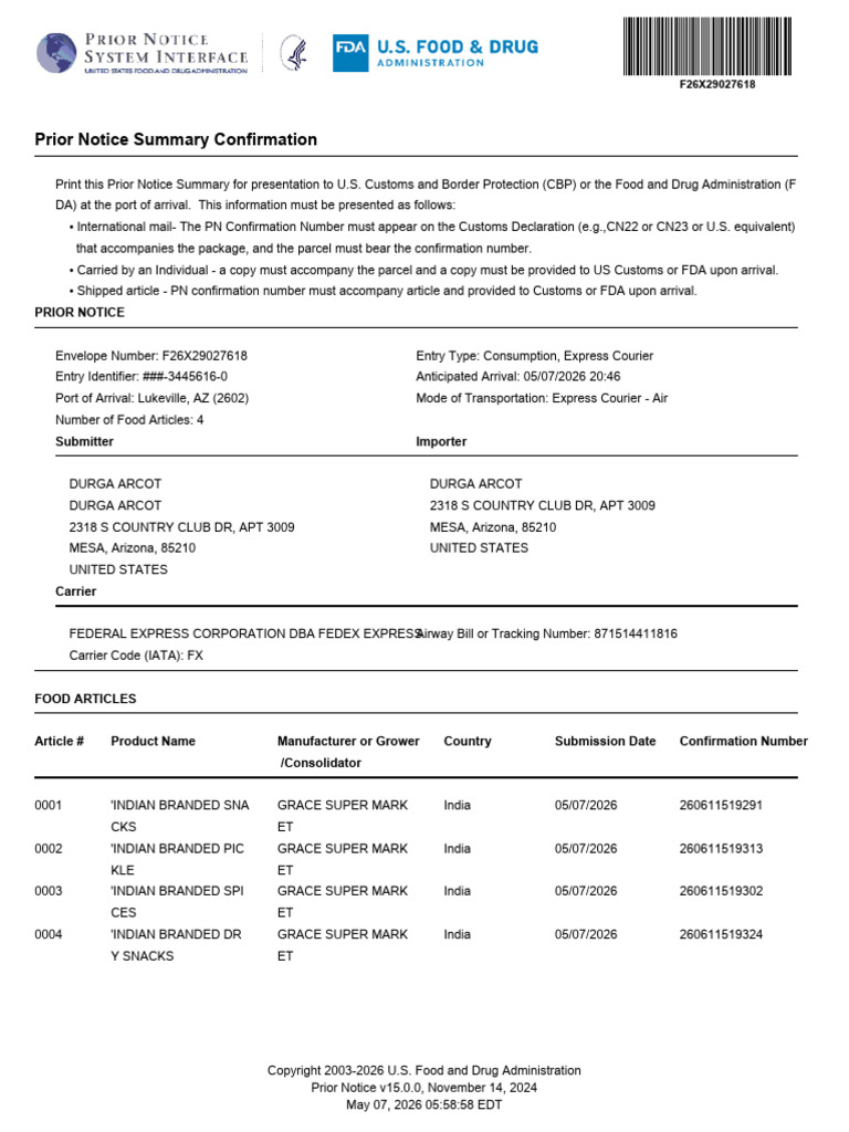 Prior Notice 28903016 | PDF