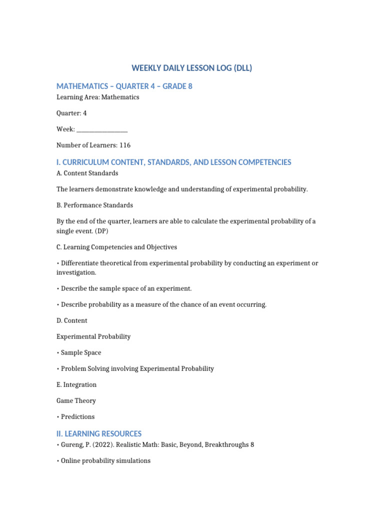 Grade8 Math DLL Quarter4 Week | PDF | Probability | Learning