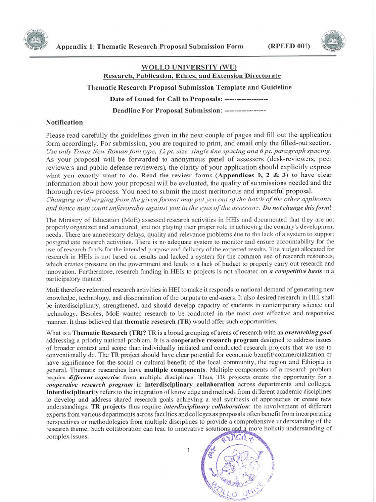 3 Appendices Forms for Thematic Research Proposal Submission And | PDF