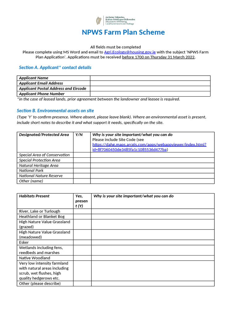 Npws Farm Plan Application Form 2022 | PDF