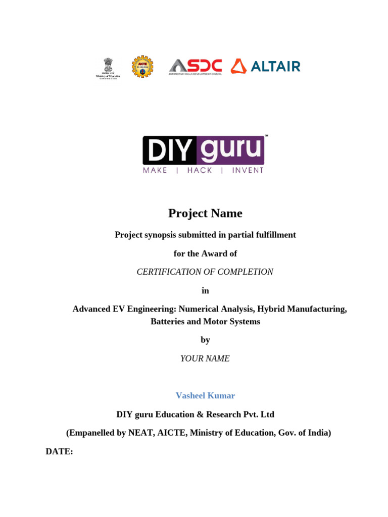 Project Synopsis Format for Advanced EV Engineering | PDF