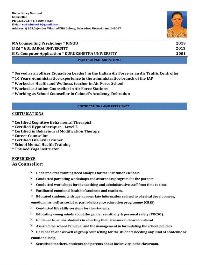 Counsellor Resume Richa Dubey TBS | PDF