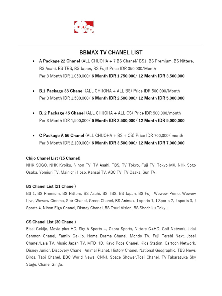 Chanel List Bbmax TV 2025 | PDF