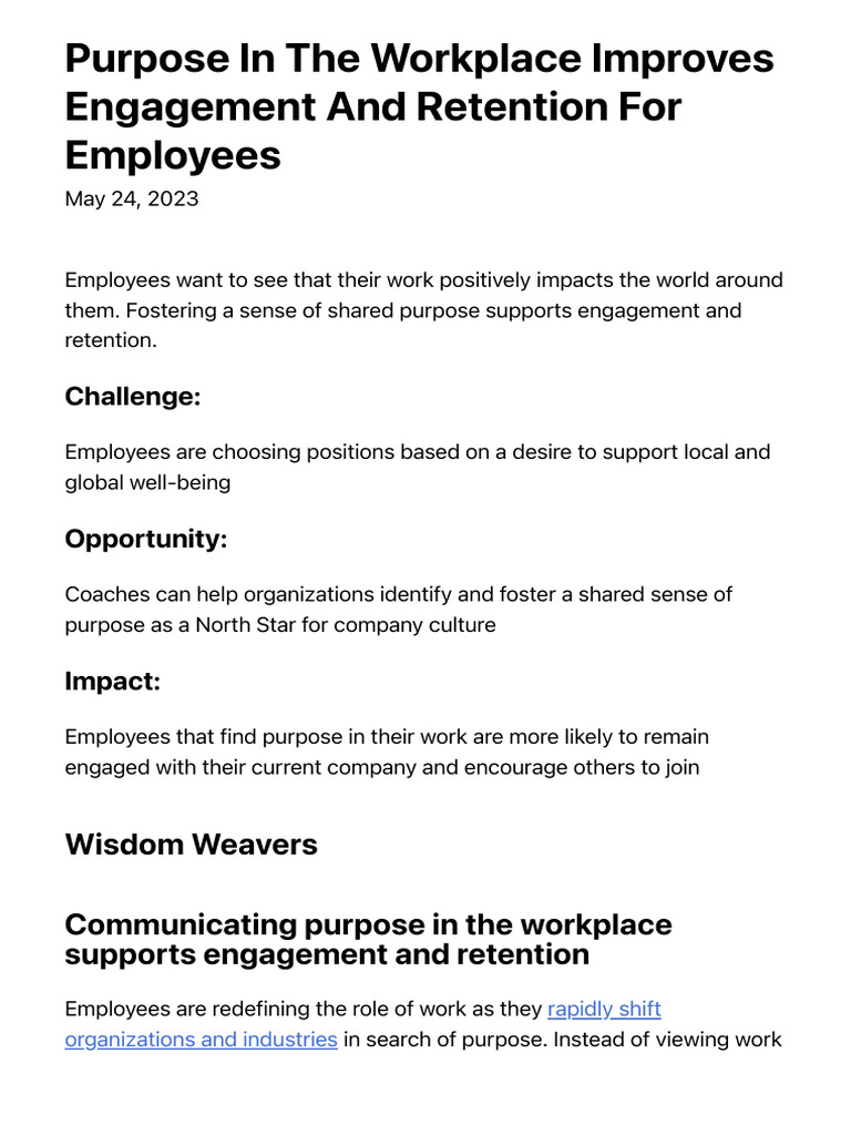 Article 1 Purpose in the Workplace Improves Engagement and Retention ...