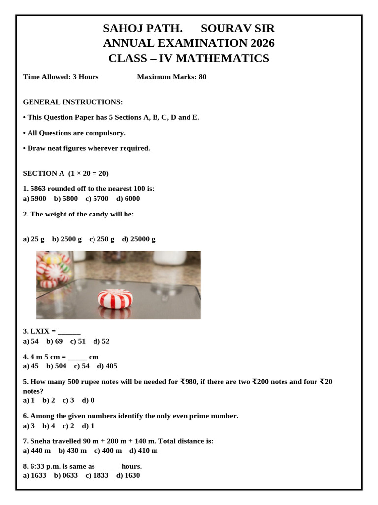 Class IV Mathematics Annual Exam 2026 PREMIUM Sections a to D Copy ...