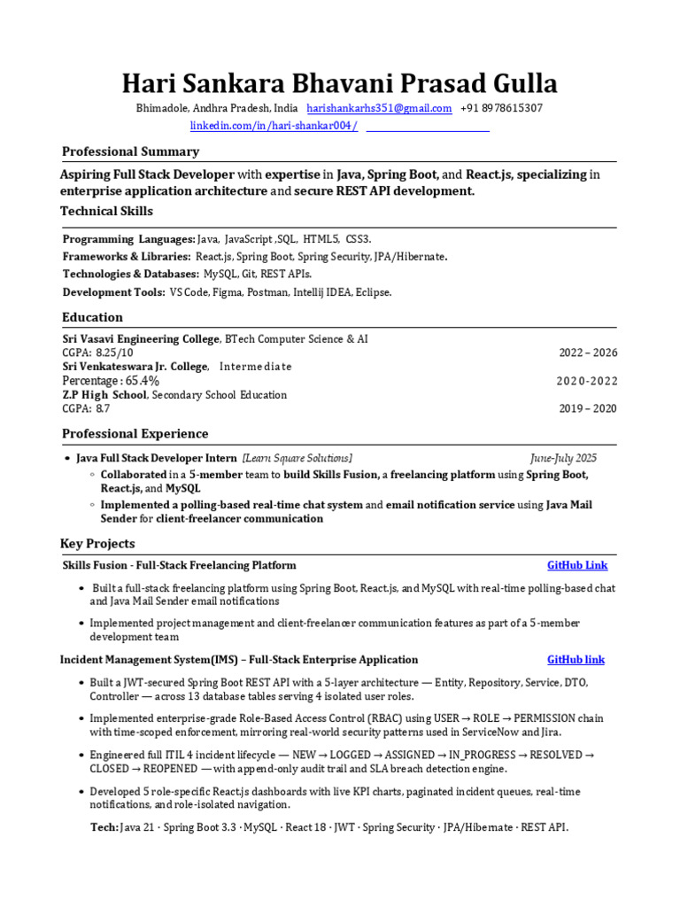 Hari Shankar Resume | PDF | My Sql | Java (Programming Language)