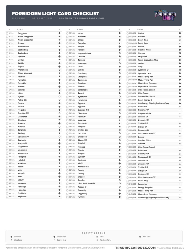 Pokemon Forbidden Light Card Checklist | PDF | Japanese Games | Video ...