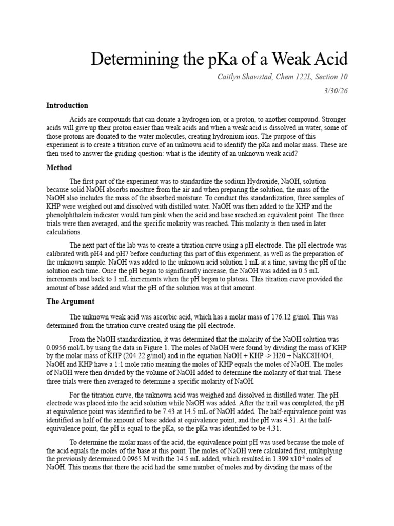 Determining pKa of Weak Acid Report | PDF | Ph | Mole (Unit)