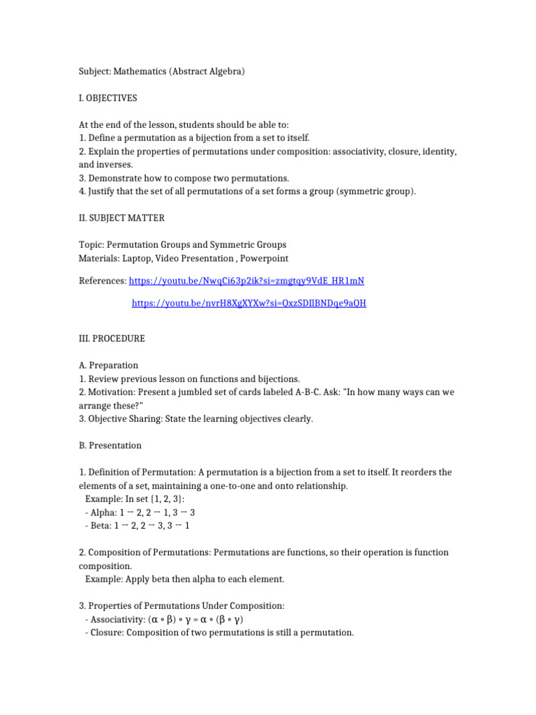 Semi-Detailed Lesson Plan Permutations | PDF | Permutation | Group ...