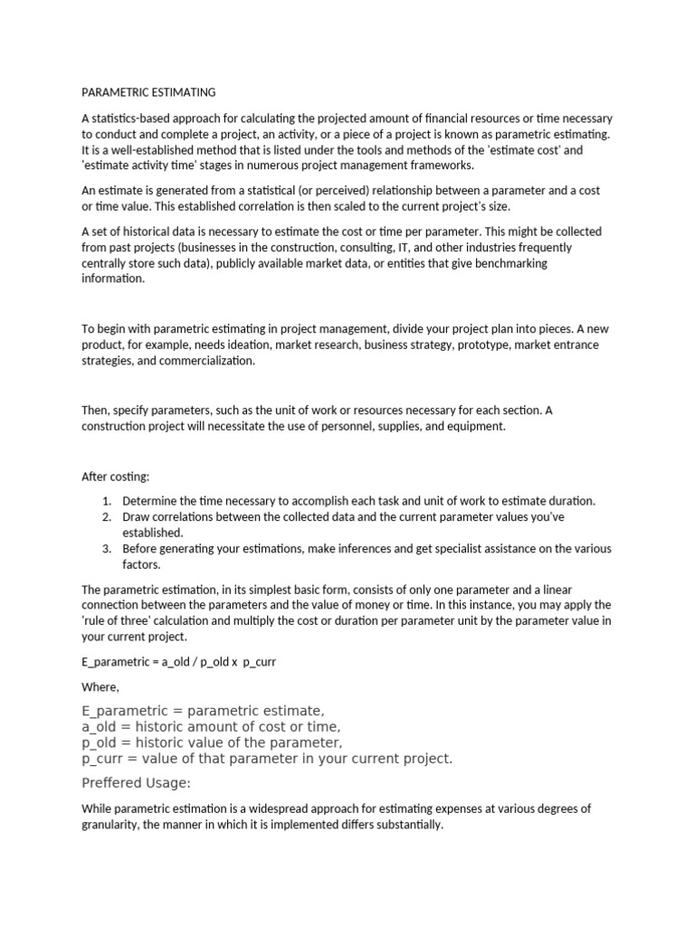 PARAMETRIC ESTIMATING | PDF | Project Management | Regression Analysis