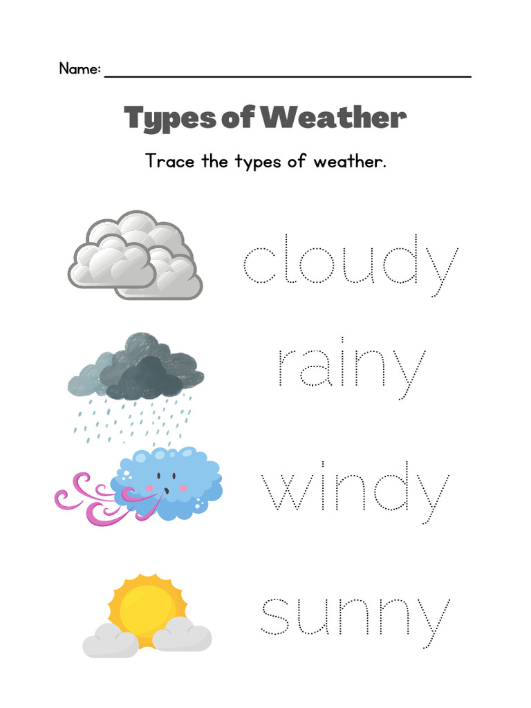 Colorful Illustrative Weather Types Tracing Worksheet | PDF