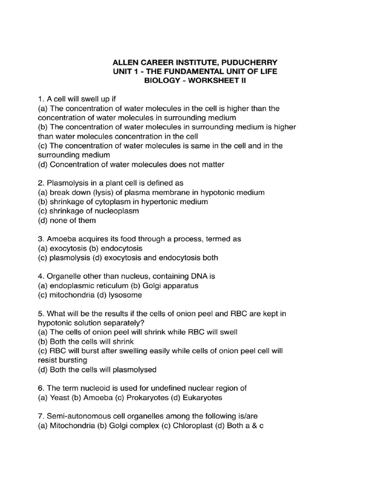 Cell Worksheet | PDF