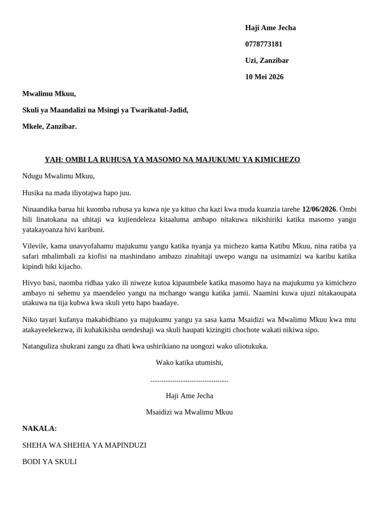 Barua Ya Ruhusa Ya Muda | PDF