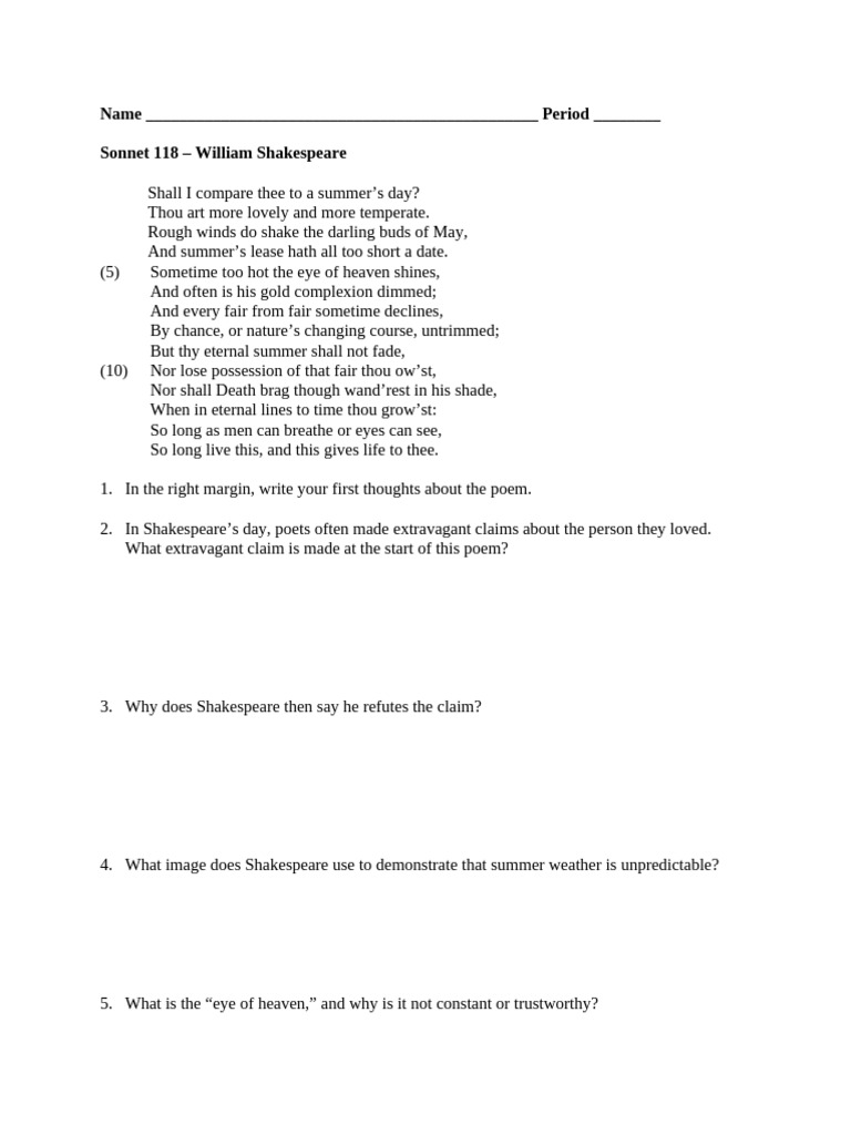 Shakespearean Sonnets Worksheet 2017 | PDF | Poems | Poetry