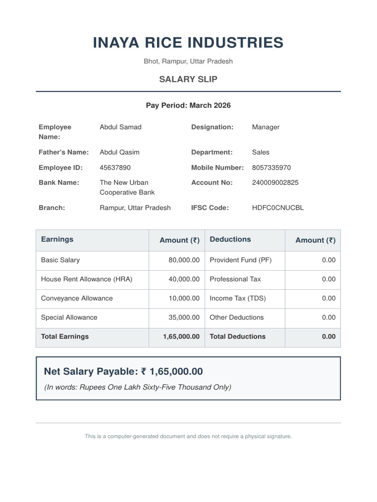 Salary Slip Inaya Rice-V3 | PDF