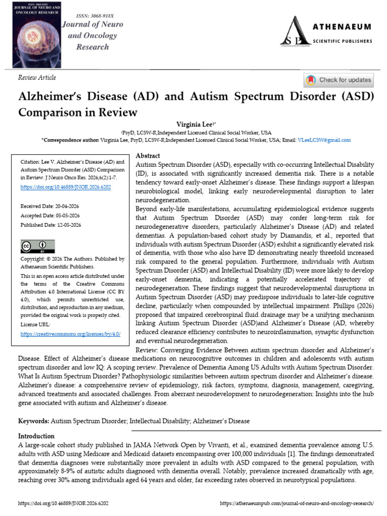 Alzheimers Disease AD and Autism Spectrum Disorder ASD Comparison in ...