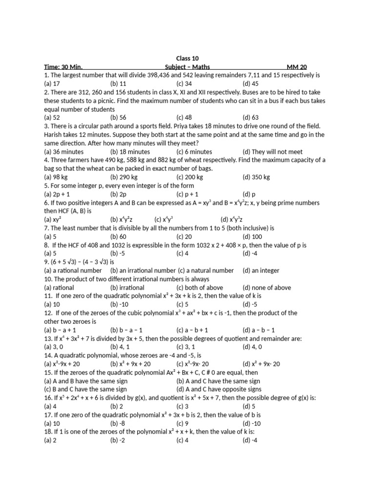 Class 10 Test Paper | PDF | Quadratic Equation | Polynomial