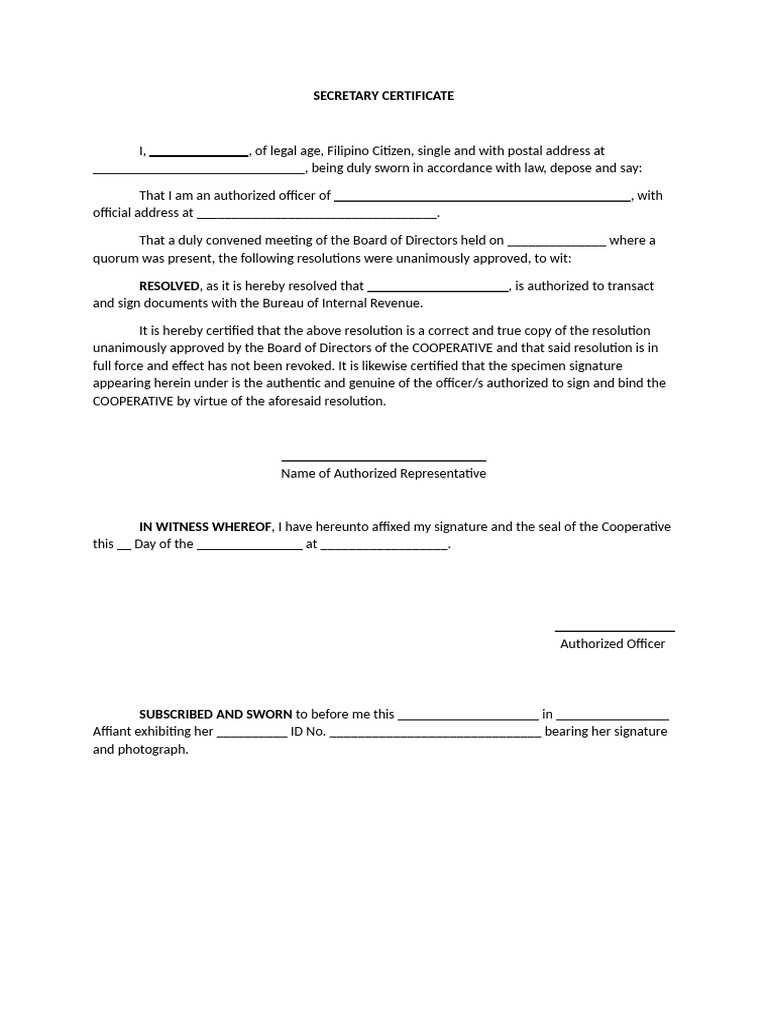 Secretary Certificate | PDF