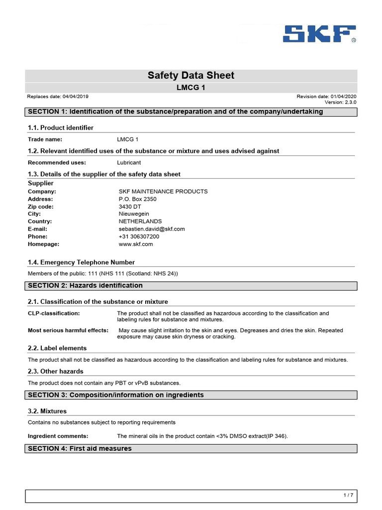 Sds Skf Lmcg1 | PDF | Toxicity | Environmental Science