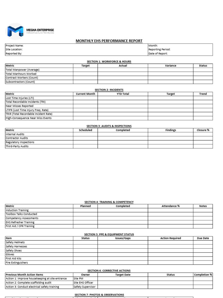 Monthly EHS Performance Report | PDF | Workplace | Working Conditions