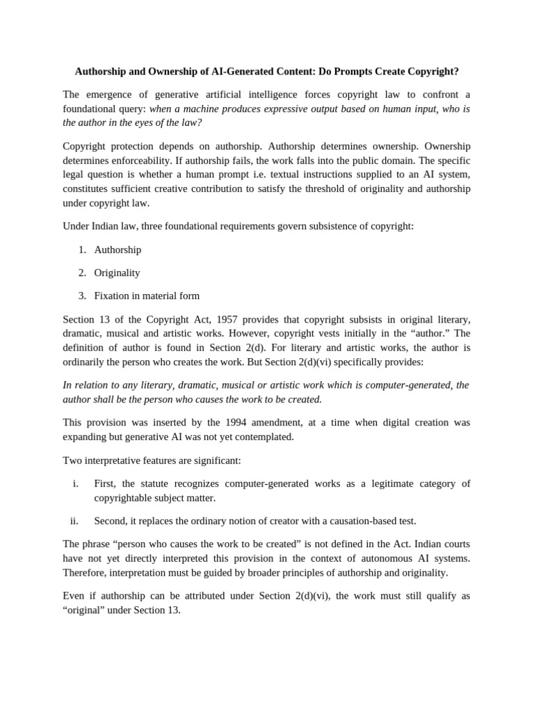 Authorship and Ownership of AI | PDF | Copyright | Artificial Intelligence