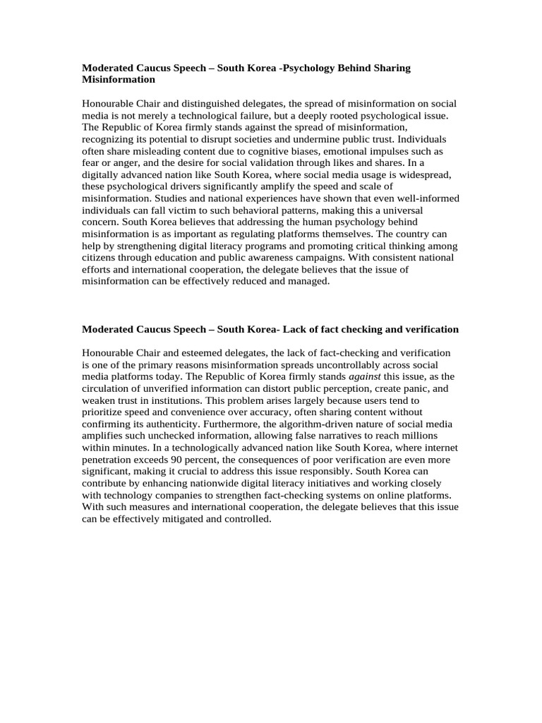 Moderated Caucus Speech – South Korea | PDF | Social Psychology ...