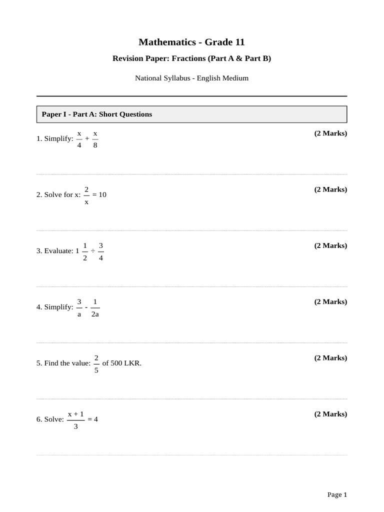 Grade 11 Math Fractions Paper 1 | PDF | Mathematics | Chess Theory