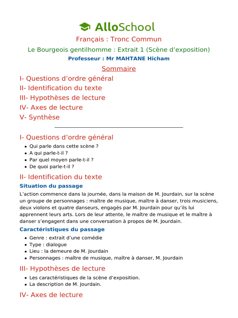 Le Bourgeois Gentilhomme Extrait 1 Scene D Exposition 6 | PDF