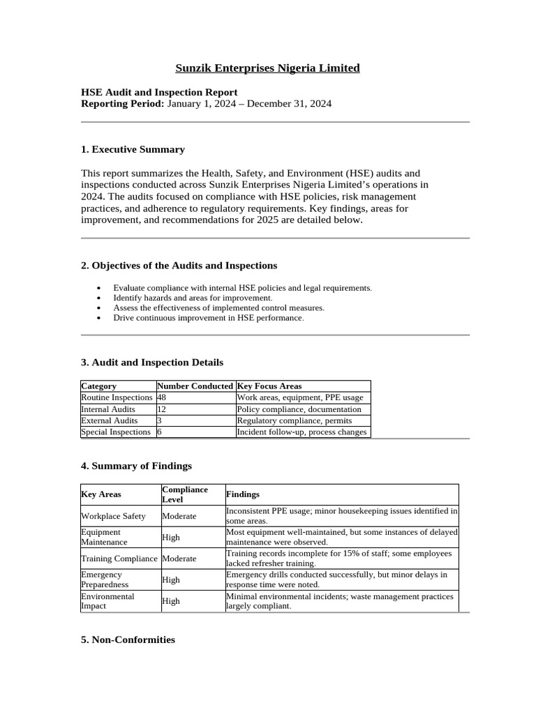 HSE Audit and Inspection Report sunzik | PDF | Regulatory Compliance ...