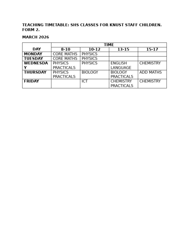 Teaching TimeTable Form2 March 2026 | PDF
