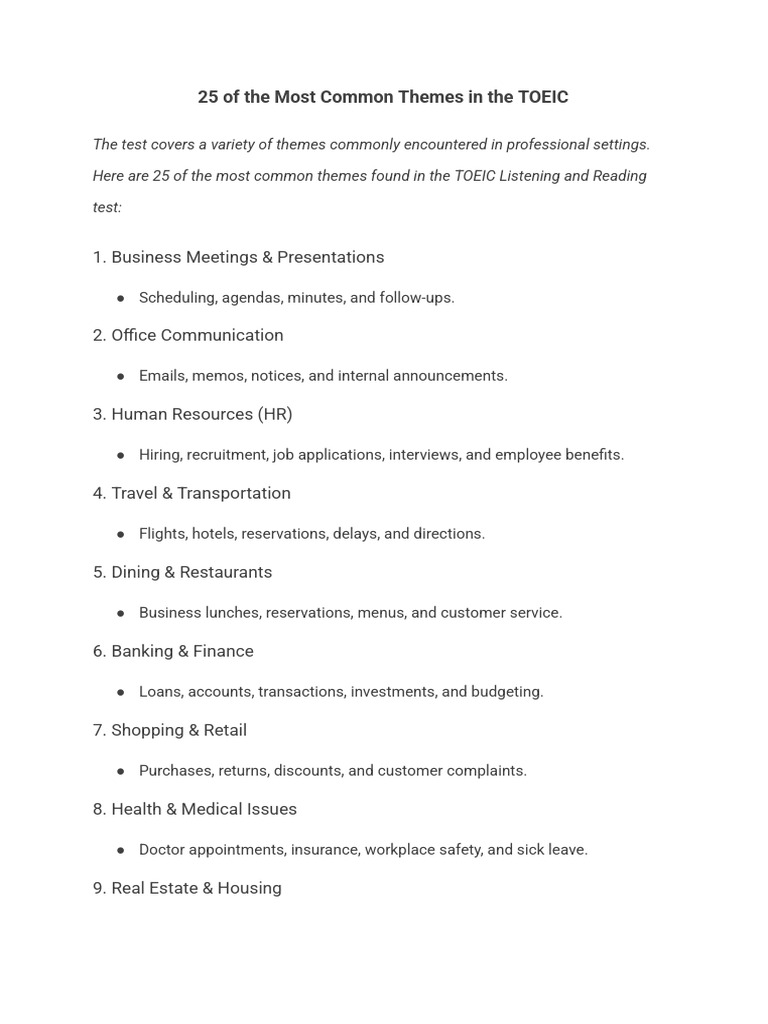25 of the Most Common Themes TOEIC | PDF | Business | Logistics