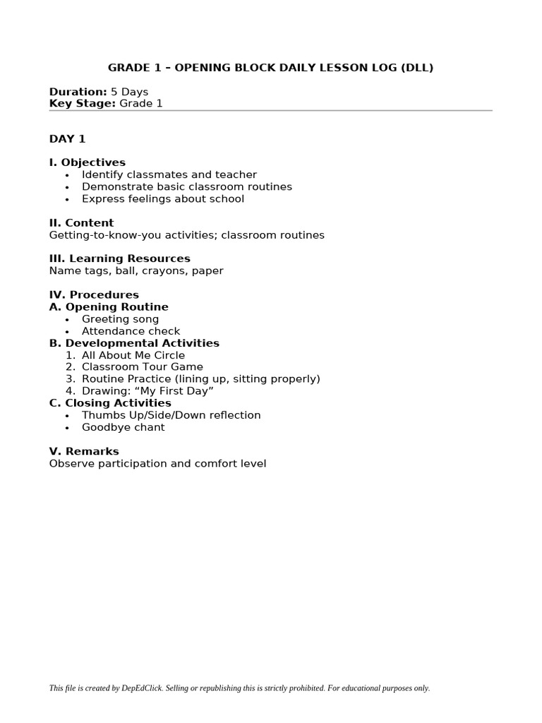 Grade 1 Opening Block DLL | PDF | Classroom | Learning