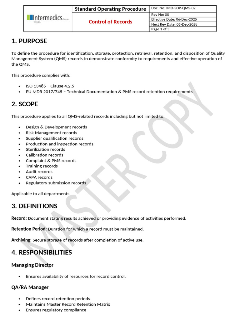 IMD SOP QMS 02 Control of Records | PDF | Regulatory Compliance | Backup