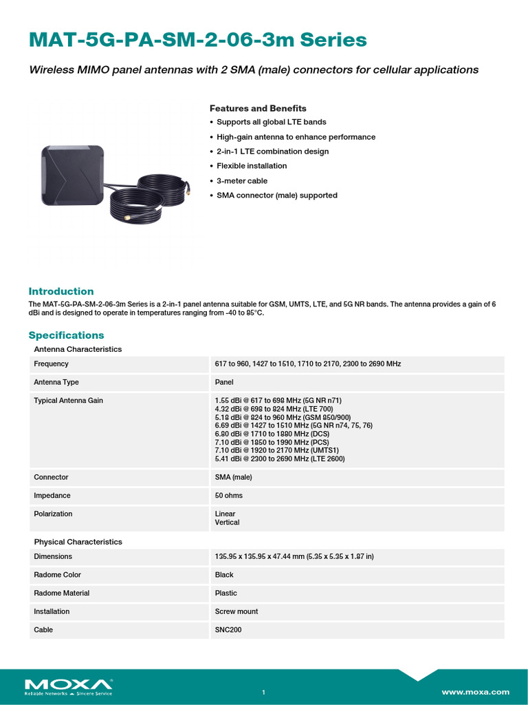 Moxa Mat 5g Pa Sm 2 06 3m Series Datasheet v1.0 | PDF | Antenna (Radio ...