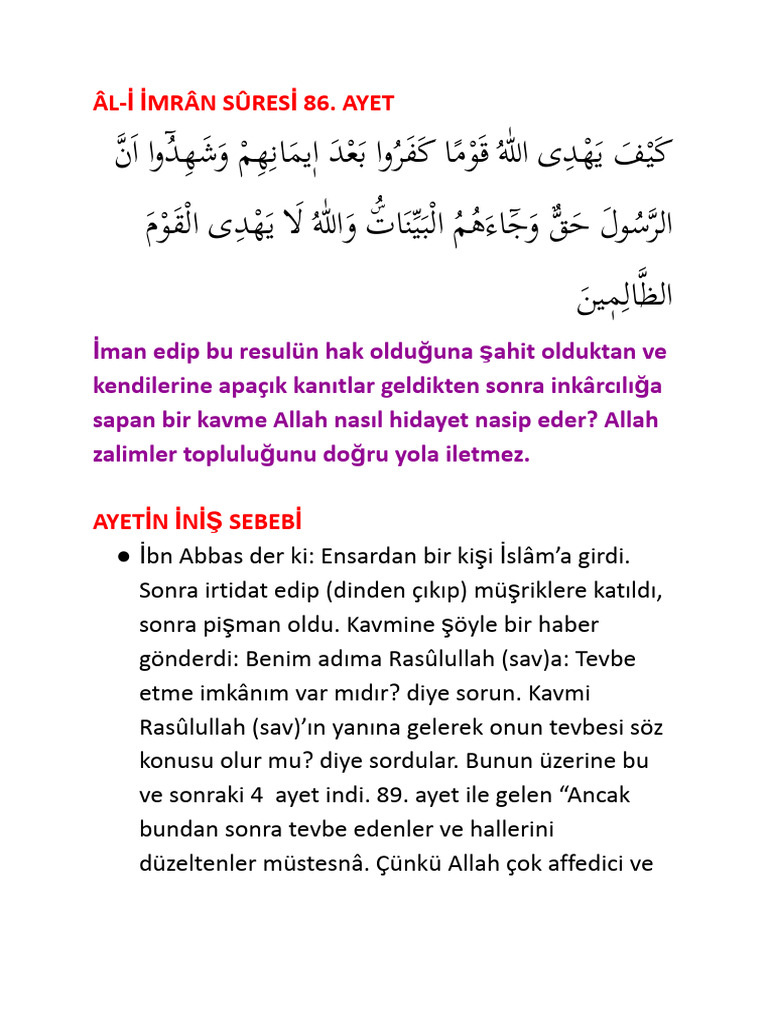 ALİ İMRAN 86-95. Ayetler | PDF