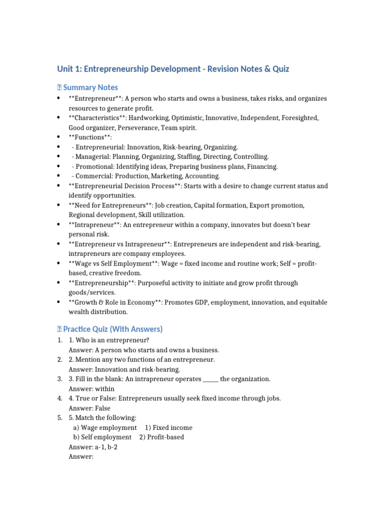 Entrepreneurship Unit1 Revision Notes and Quiz | PDF | Entrepreneurship ...