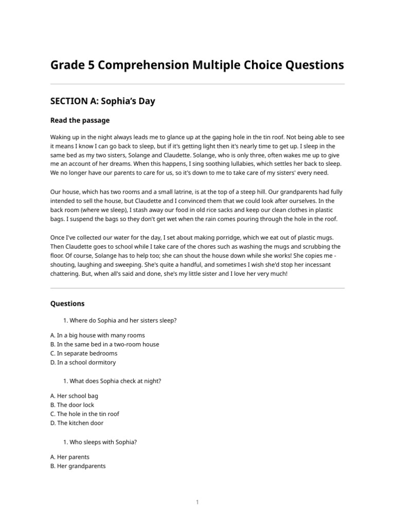 Grade 5 Comprehension Multiple Choice Questions | PDF | Printing ...