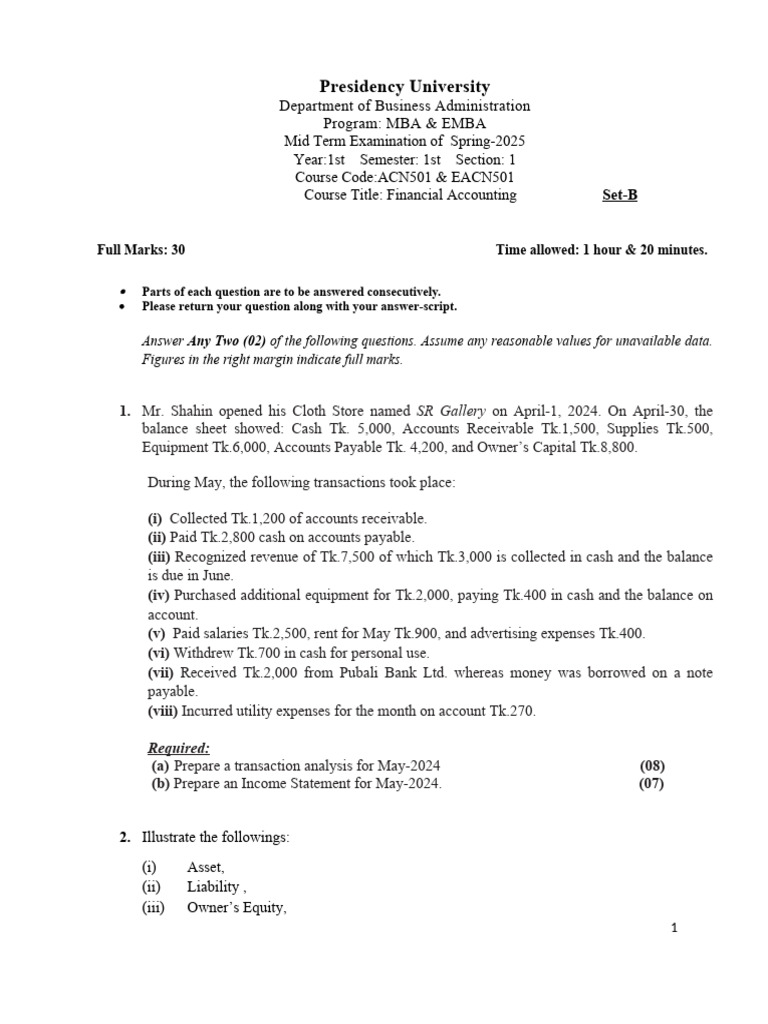 Fin Acc -MBA-Mid Sample | PDF | Expense | Business