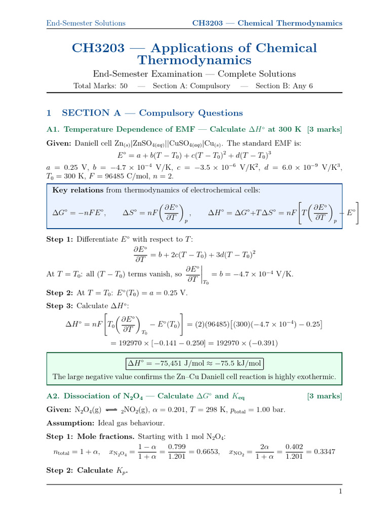 CH3203 EndSem Solutions | PDF | Physical Sciences | Physical Chemistry
