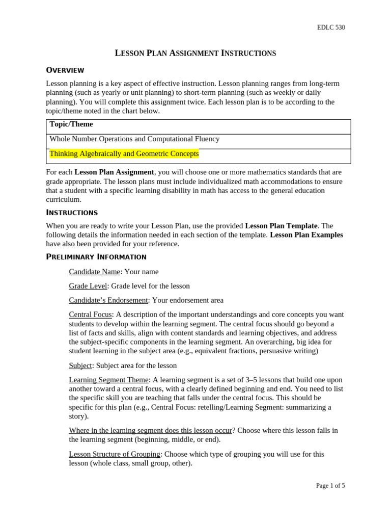 Lesson Plan Assignment Instructions | PDF | Educational Assessment ...