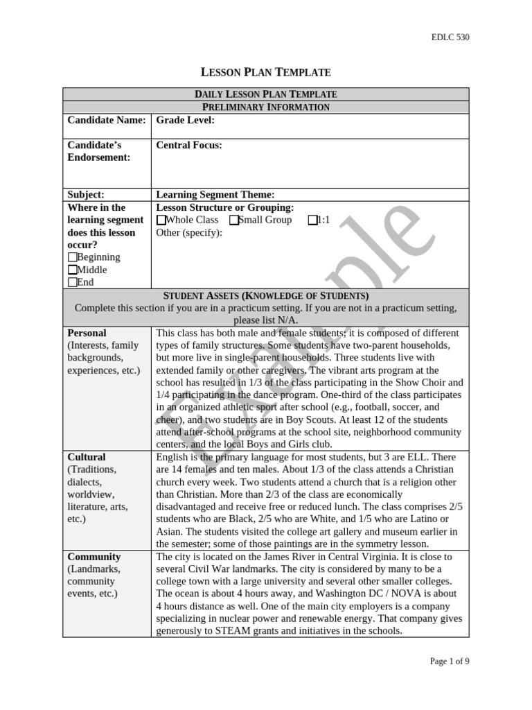 Lesson Plan Example Elementary 1 | PDF | Educational Assessment | Learning