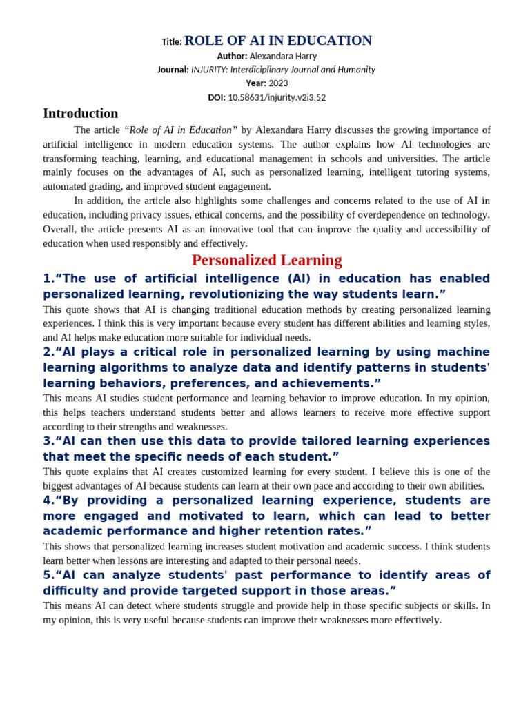 Role of AI in Education | PDF | Artificial Intelligence | Intelligence ...