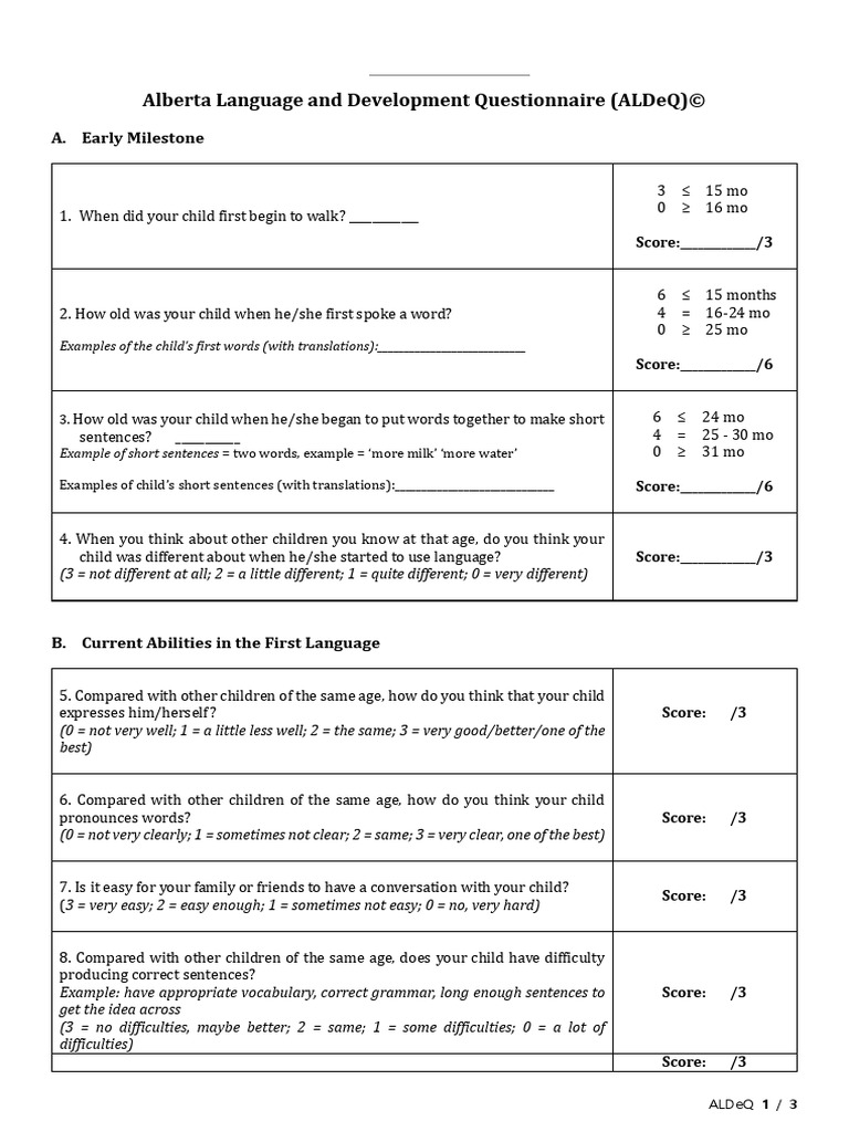 ALDeQ Questionnaire | PDF | Language Development | English As A Second ...