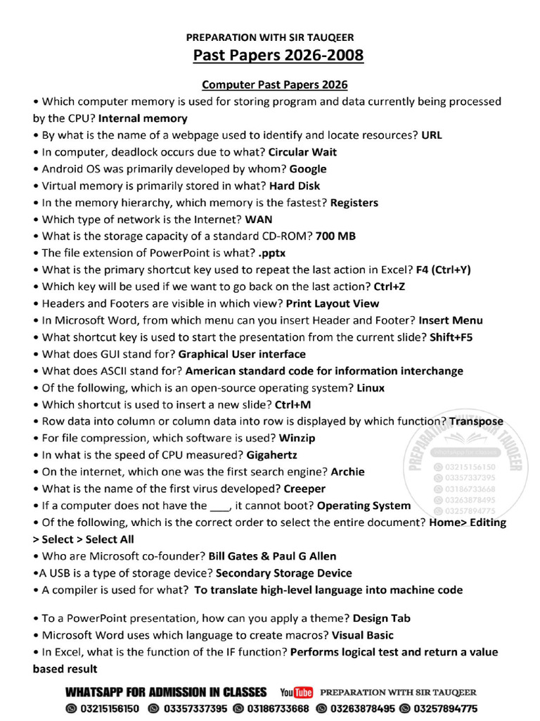 Computer Past Papers 2026-2008.. | PDF