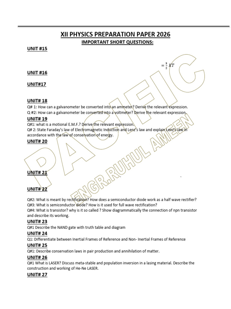 Xii Physics Preparation Paper 2026 | PDF | Electron | Rectifier