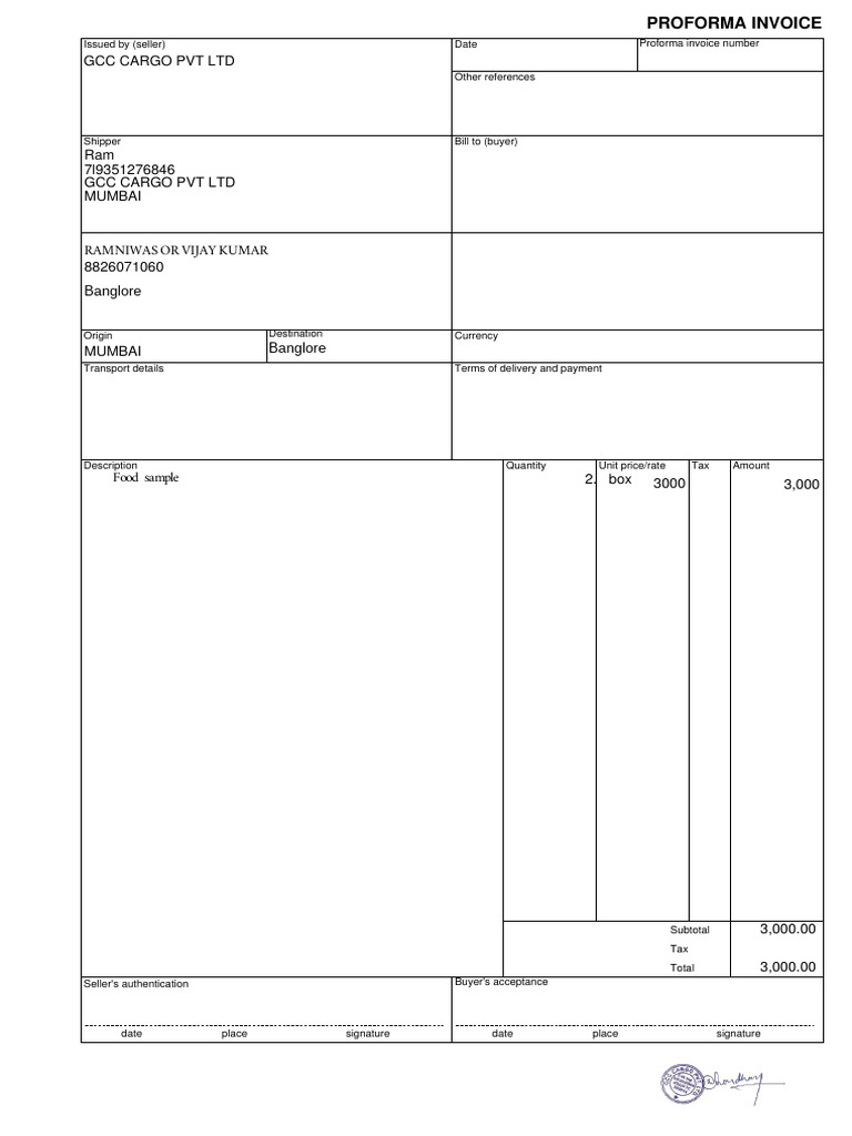 Invoice Food Sample Banglore (2) | PDF