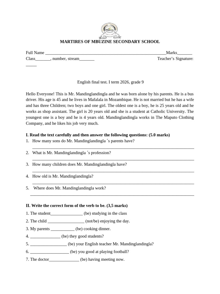 Final English Test Grade 9 2026 | PDF | Adjective | Linguistic Typology