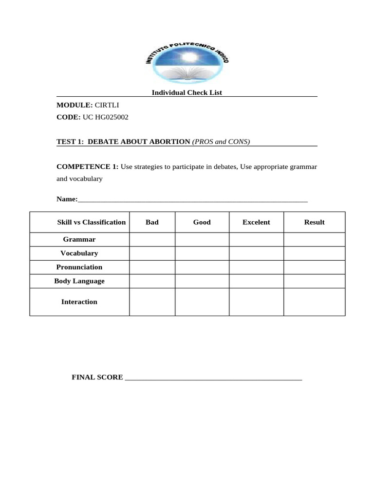 Test 1 Individual Check List | PDF